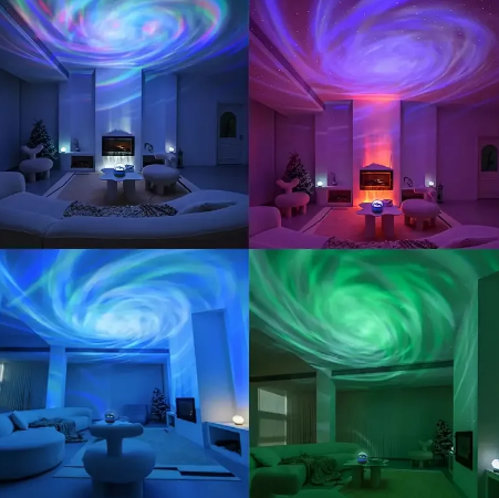 Colorful LED galaxy projector for festive bedroom ambiance.