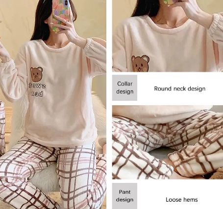 Cartoon Flannel Loungewear Set: Women's Warm Winter Pajamas