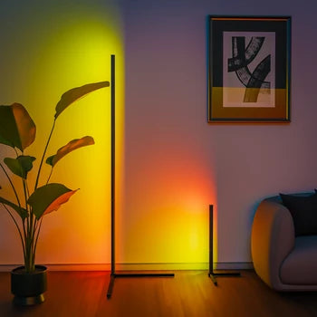 Smart RGB floor lamp changes colors with remote control.