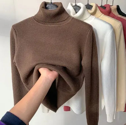 Elegant thicken velvet-lined turtleneck sweater for women's winter warmth