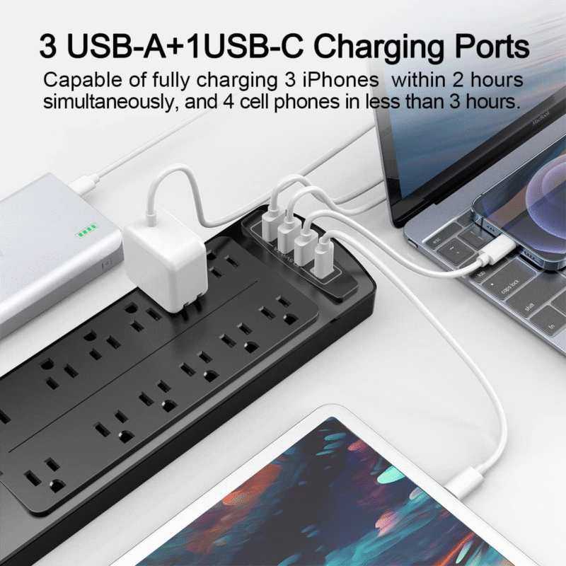 Power Strip, ALESTOR Surge Protector with 12 Outlets and 4 USB Ports, 6 Feet Extension Cord (1875W/15A), 2700 Joules, ETL Listed, Black - Image 4
