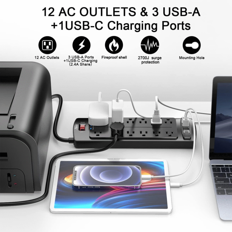 Power Strip, ALESTOR Surge Protector with 12 Outlets and 4 USB Ports, 6 Feet Extension Cord (1875W/15A), 2700 Joules, ETL Listed, Black - Image 2