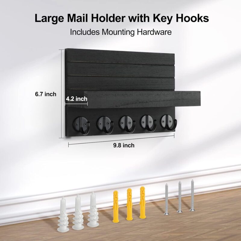 Key Holder for Wall, Decorative Key and Mail Holder with Shelf Has Large Hooks for Bags, Coats, Umbrella – Paulownia Wood Key Hanger with Mounting Hardware (9.8”W x 6.7”H x 4.2”D) - Image 6