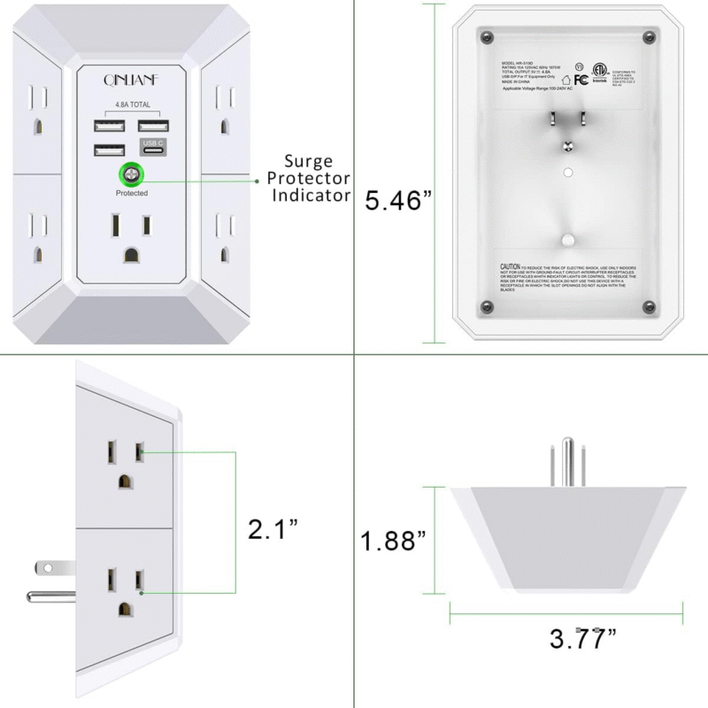 Wall Charger, Surge Protector, QINLIANF 5 Outlet Extender with 4 USB Charging Ports (4.8A Total) 3-Sided 1680J Power Strip Multi Plug Adapter Spaced for Home Travel Office (3U1C) - Image 5