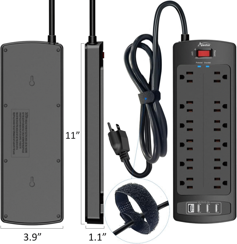 Power Strip, ALESTOR Surge Protector with 12 Outlets and 4 USB Ports, 6 Feet Extension Cord (1875W/15A), 2700 Joules, ETL Listed, Black - Image 7
