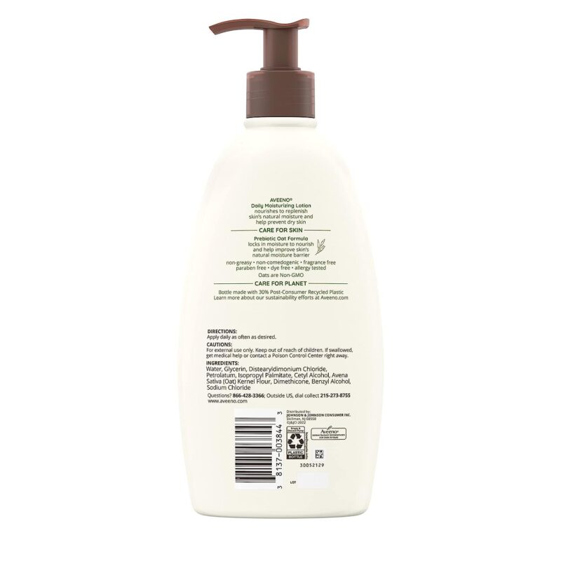 Aveeno Daily Moisturizing Body Lotion for Dry Skin with Prebiotic Oat, Fragrance & Paraben Free, Non-Greasy, Non-Comedogenic, for Sensitive Skin & 72-Hour Moisturizer 18 Fl Oz - Image 8