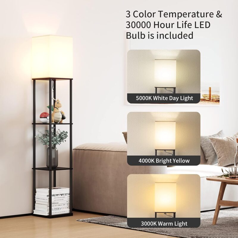 SUNMORY Floor Lamp with Shelves, Modern Square Standing Lamp with 3 Color Temperature Bulb, Corner Display Bookshelf Lamp for Living Room and Bedroom(Black) - Image 2