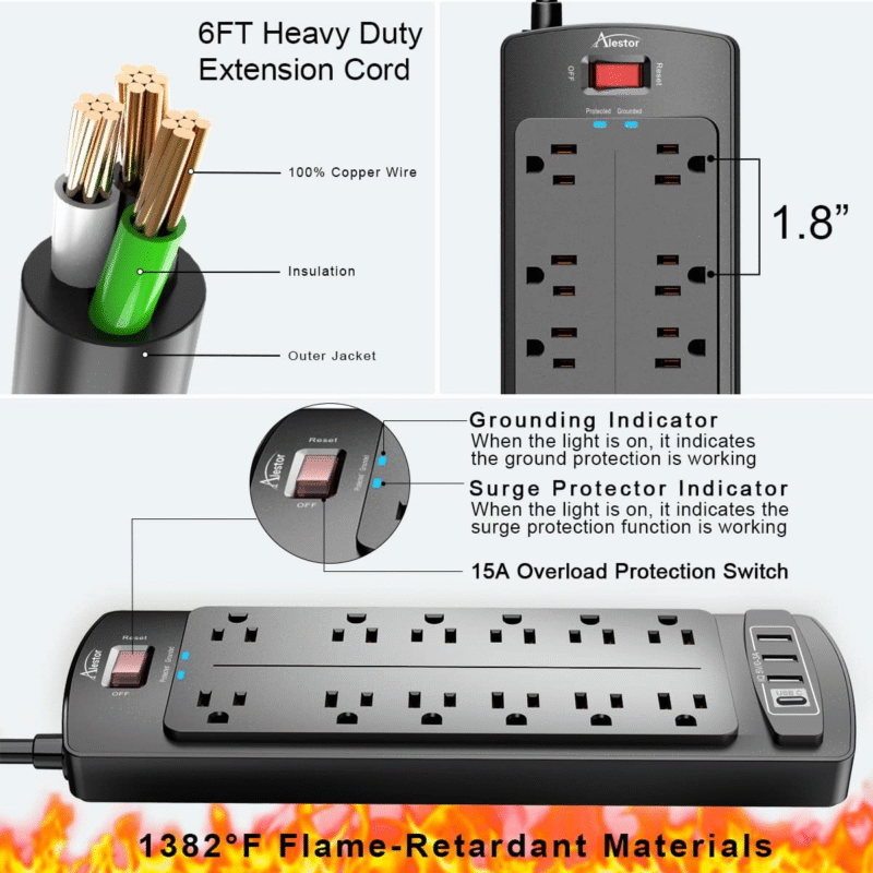 Power Strip, ALESTOR Surge Protector with 12 Outlets and 4 USB Ports, 6 Feet Extension Cord (1875W/15A), 2700 Joules, ETL Listed, Black - Image 5
