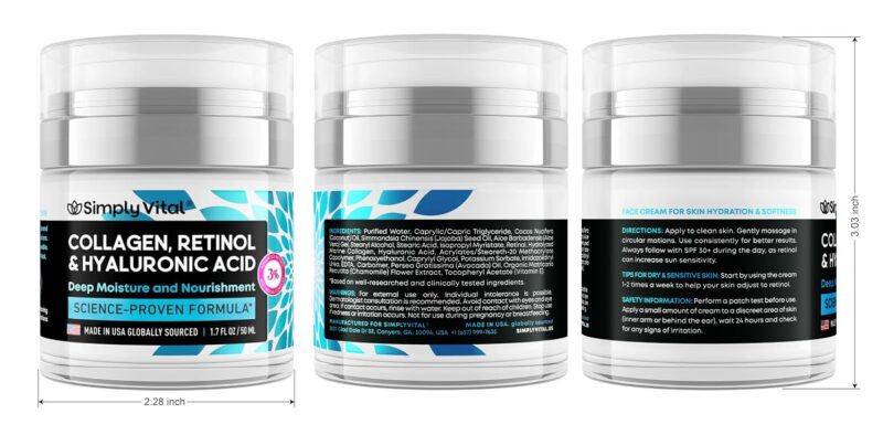SimplyVital Collagen, Retinol & Hyaluronic Acid Cream - Anti-Aging Face Moisturizer for Face, Firming Skin Care Neck & Décolleté - Made in USA, Daily Moisturizer Face Cream Day & Night - 1.7 fl.oz. - Image 8