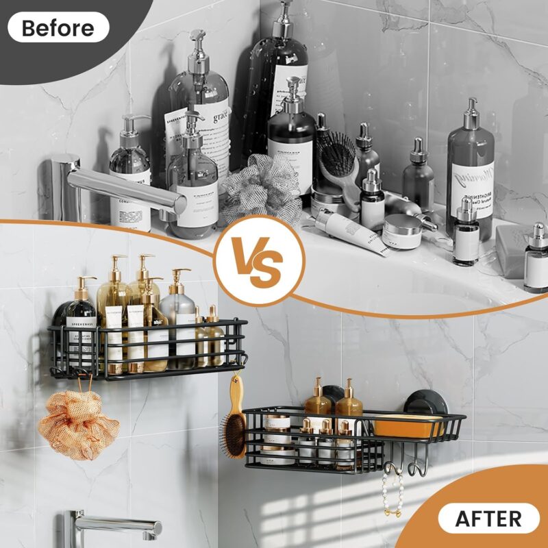 LEVERLOC Shower Caddy Suction Cup, 2 Pack suction shower shelf with Hooks & Soap holder, NO-Drilling Bathroom Holder, Rustproof bathroom organizer, Black - Image 9