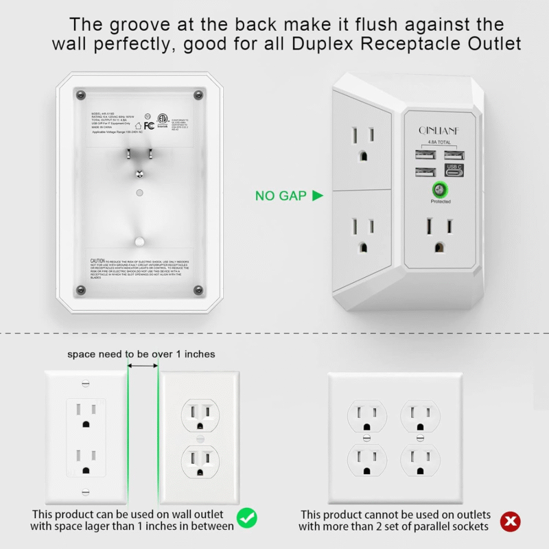 Wall Charger, Surge Protector, QINLIANF 5 Outlet Extender with 4 USB Charging Ports (4.8A Total) 3-Sided 1680J Power Strip Multi Plug Adapter Spaced for Home Travel Office (3U1C) - Image 2