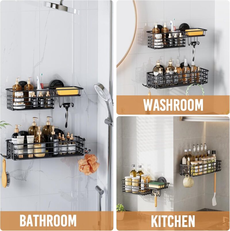LEVERLOC Shower Caddy Suction Cup, 2 Pack suction shower shelf with Hooks & Soap holder, NO-Drilling Bathroom Holder, Rustproof bathroom organizer, Black - Image 5