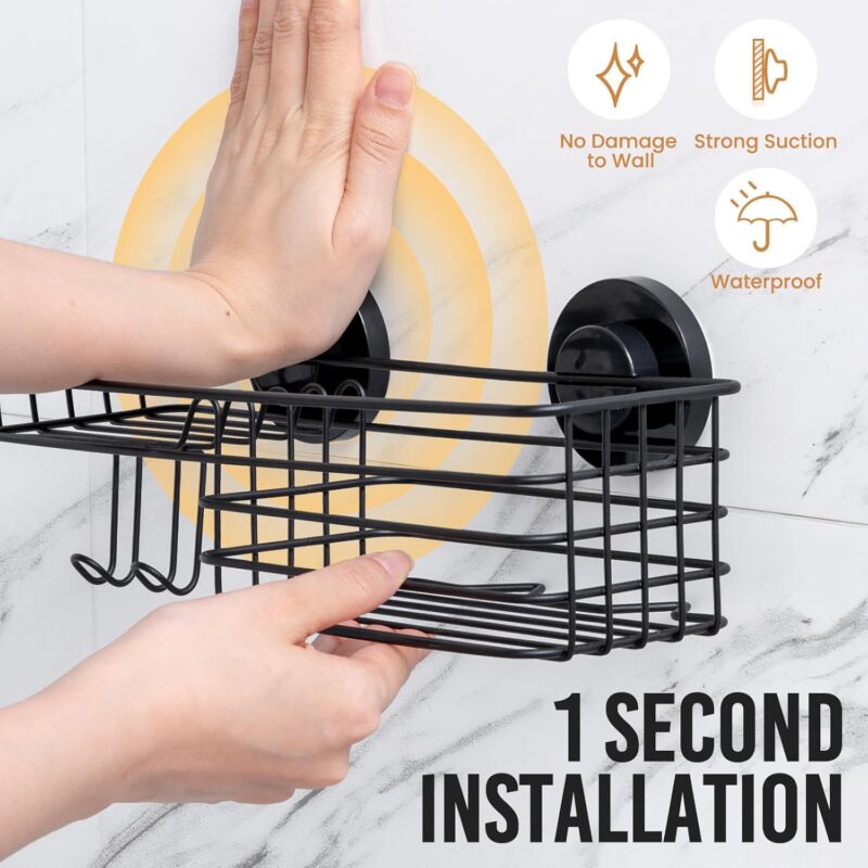 LEVERLOC Shower Caddy Suction Cup, 2 Pack suction shower shelf with Hooks & Soap holder, NO-Drilling Bathroom Holder, Rustproof bathroom organizer, Black - Image 2