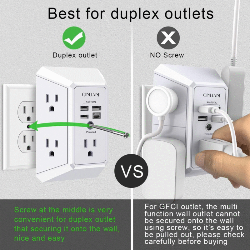 Wall Charger, Surge Protector, QINLIANF 5 Outlet Extender with 4 USB Charging Ports (4.8A Total) 3-Sided 1680J Power Strip Multi Plug Adapter Spaced for Home Travel Office (3U1C) - Image 4