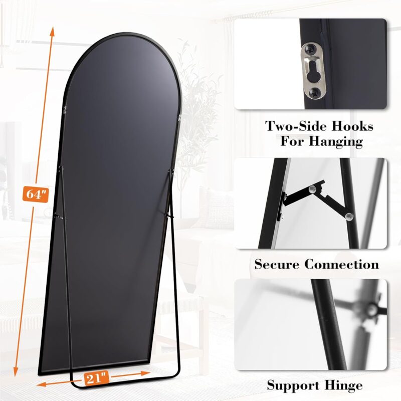DUMOS Arched Full Length Mirror with Stand 64"x21" Floor Standing Aluminum Frame for Bedroom Body Hanging Leaning Modern Simple Home Decor Shatter-proorf Nano Glass Wall Living Room Cloakroom Black - Image 4