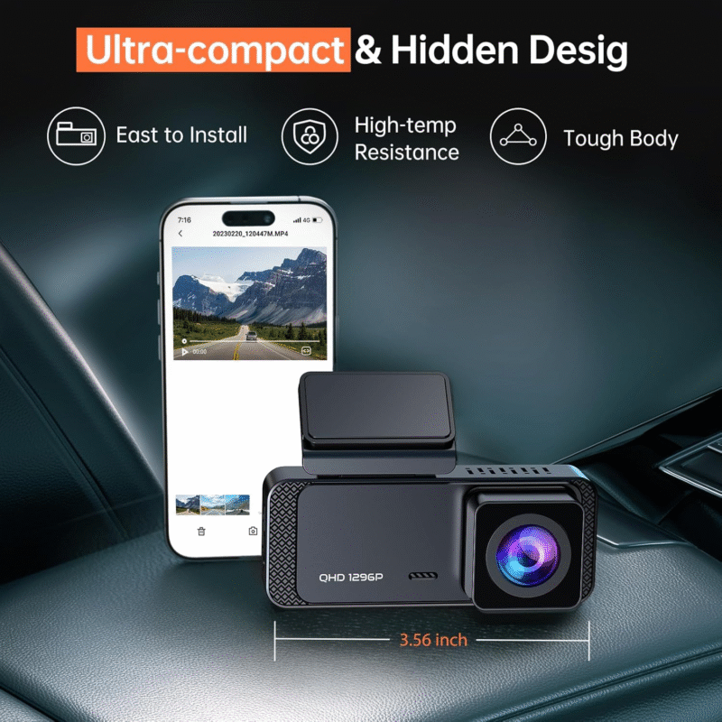 Dash Cam 1296P Front Dashcam, V300 WiFi Dash Camera for Cars with App, Night Vision, Mini Hidden Single Car Camera, Loop Recording, 24H Parking Mode, Support 256GB Max, Black - Image 7