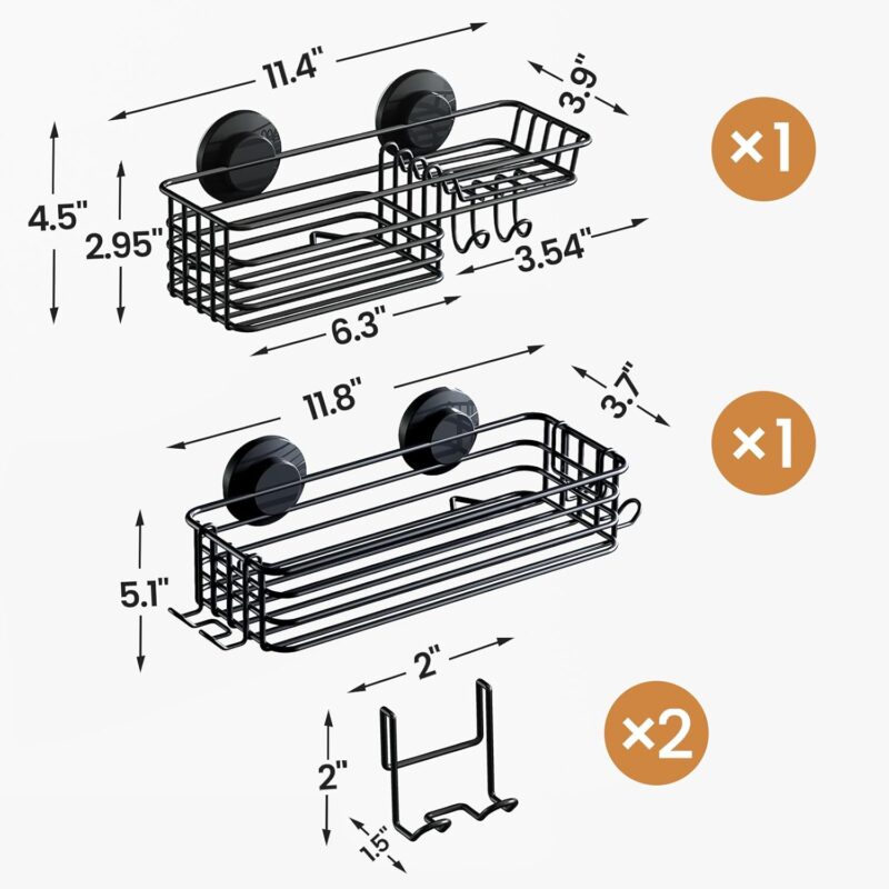 LEVERLOC Shower Caddy Suction Cup, 2 Pack suction shower shelf with Hooks & Soap holder, NO-Drilling Bathroom Holder, Rustproof bathroom organizer, Black - Image 4