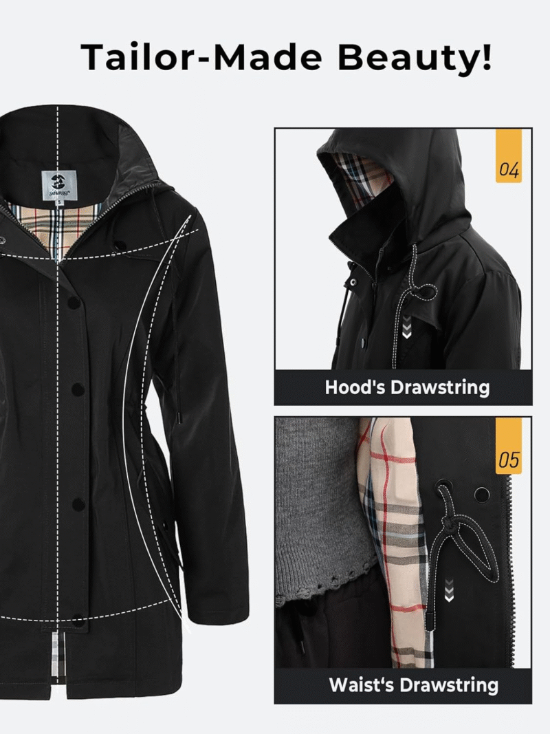 SaphiRose Women's Long Hooded Rain Jacket Outdoor Raincoat Windbreaker(Large) - Image 6