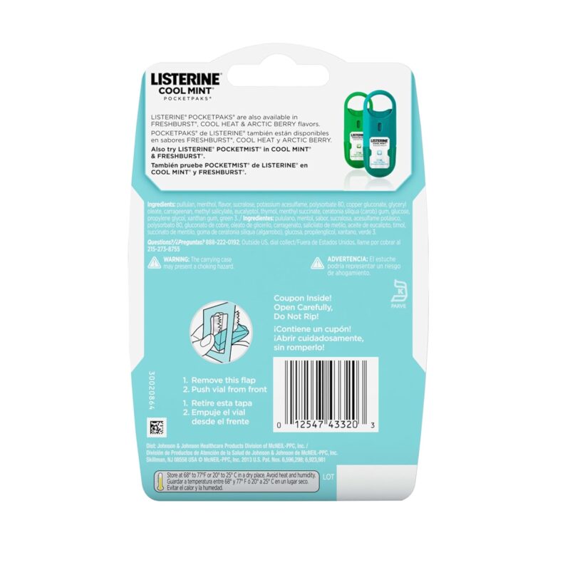 Listerine PocketPaks Cool Mint Breath Strips, Portable Pocket-Sized Oral Care Mouth Freshener, Dissolving Strips Kill 99% of Bad Breath Germs, Sugar Free, 3 x 24-Strip Packs - Image 8