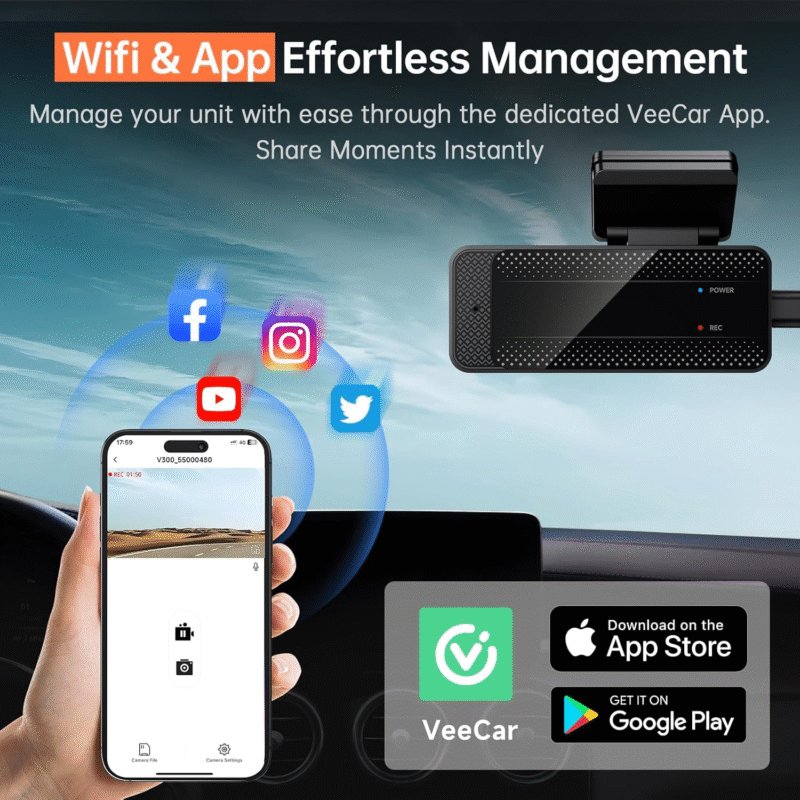 Dash Cam 1296P Front Dashcam, V300 WiFi Dash Camera for Cars with App, Night Vision, Mini Hidden Single Car Camera, Loop Recording, 24H Parking Mode, Support 256GB Max, Black - Image 3