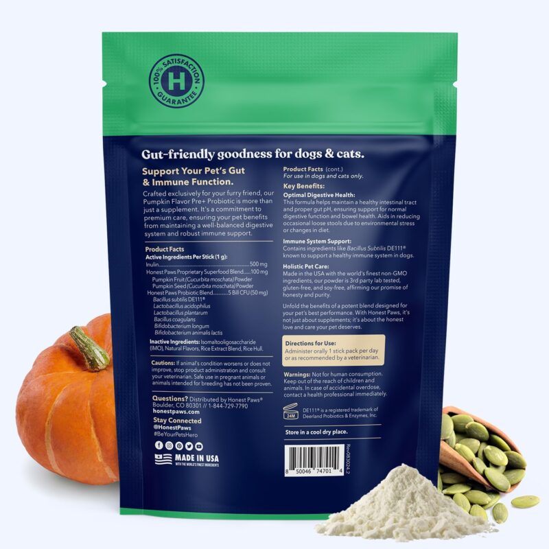 Honest Paws Probiotics for Dogs - Dog Digestion Gut Health Probiotic Powder with Prebiotic Made in The USA, Digestive and Immune Support - Digestive Enzymes with Pumpkin Flavor (30 Sticks) - Image 6