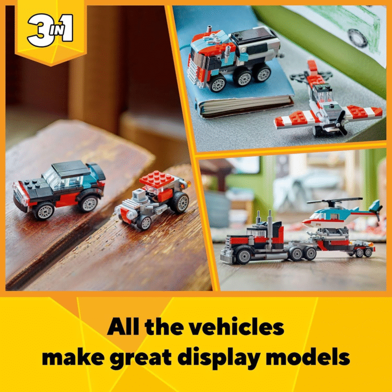 LEGO Creator 3 in 1 Flatbed Truck with Helicopter Toy, Transforms from Flatbed Truck Toy to Propeller Plane to Hot Rod and SUV Car Toys, Gift Idea for Boys and Girls Ages 7 Years Old and Up, 31146 - Image 5