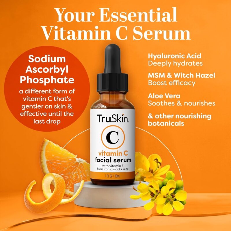 TruSkin Vitamin C Serum For Face – Anti Aging Face Serum with Vitamin C, Hyaluronic Acid, Vitamin E – Brightening Formula – Improve Appearance of Dark Spots, Tone, Fine Lines & Wrinkles, 1 Fl Oz - Image 2