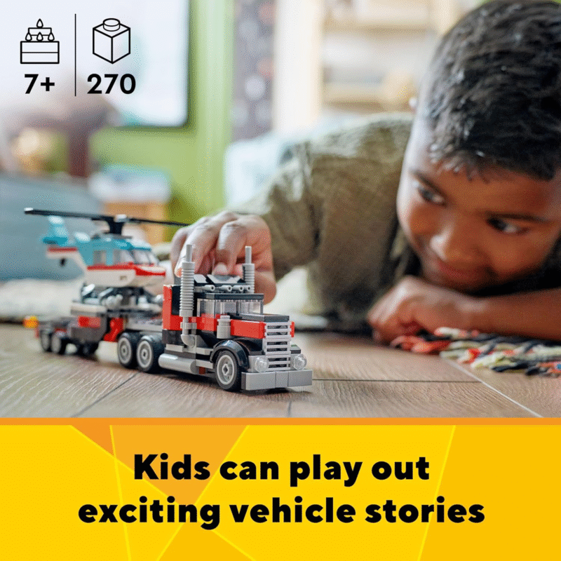 LEGO Creator 3 in 1 Flatbed Truck with Helicopter Toy, Transforms from Flatbed Truck Toy to Propeller Plane to Hot Rod and SUV Car Toys, Gift Idea for Boys and Girls Ages 7 Years Old and Up, 31146 - Image 2