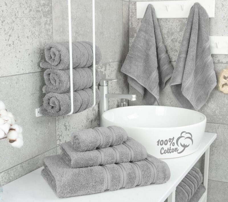 American Soft Linen Luxury 6 Piece Towel Set, 2 Bath Towels 2 Hand Towel 2 Washcloths, 600 GSM 100% Cotton Turkish Towels for Bathroom, Light Grey Towel Sets - Image 2