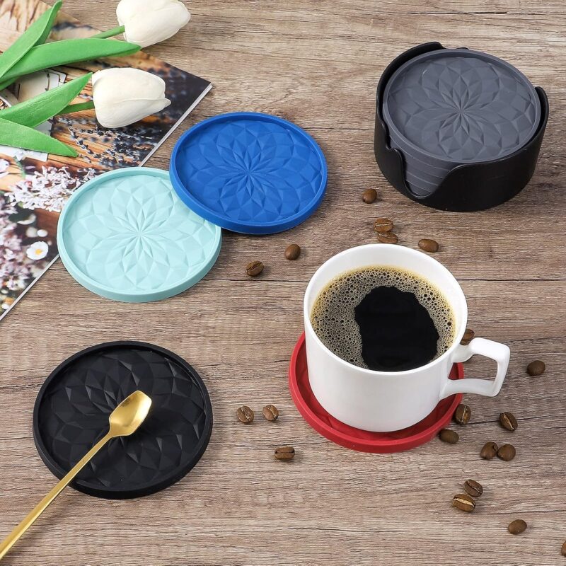 ME.FAN Silicone Coasters with Holder,[6 Pack] Drinking Coasters - Cup Mat for Hot or Cold Drinks, Thickened, Non-Slip, Non-Stick,Deep Tray Black - Image 6