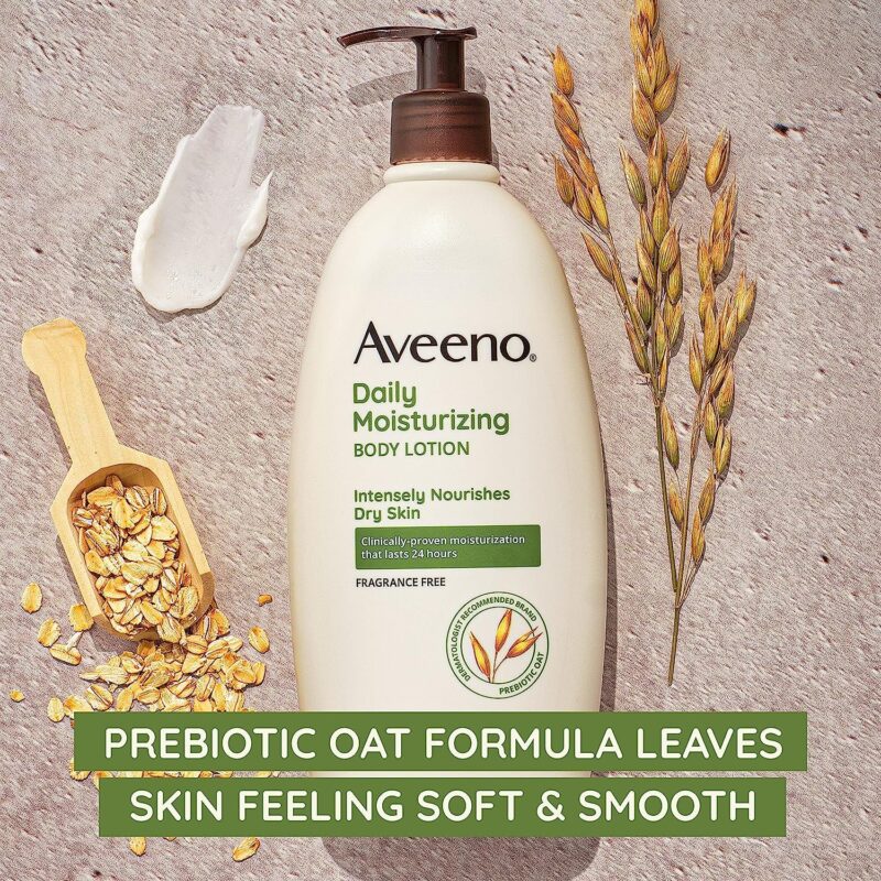 Aveeno Daily Moisturizing Body Lotion for Dry Skin with Prebiotic Oat, Fragrance & Paraben Free, Non-Greasy, Non-Comedogenic, for Sensitive Skin & 72-Hour Moisturizer 18 Fl Oz - Image 3