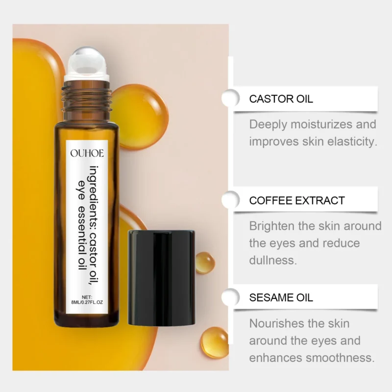 Ouhoe 8ml Castor Oil Anti Dark Circles Eye Serum Roller Moisturize Skin Tighten Remove Eye Bag Puffiness Nourishing Eye Serum - Image 4