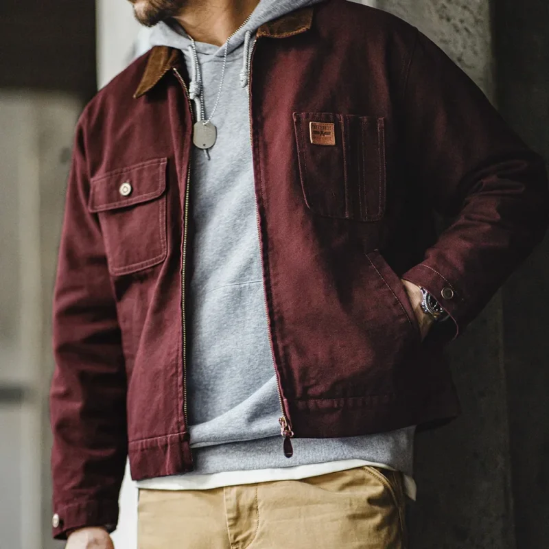 Maden Retro Corduroy Collar Heavyweight Detroit Jacket Canvas Hunting Short Zip-Up Jacket with Pockets Men's Autumn Overcoat Top