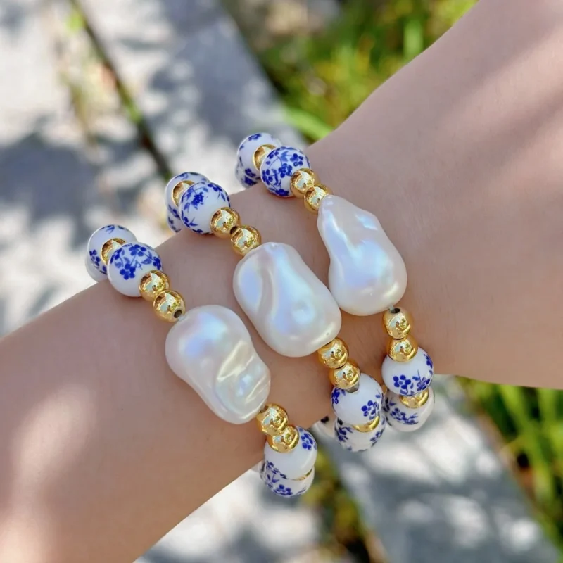 Imitation Baroque Pearl Bracelet Elastic Rope Fashion Simple Beaded Blue and White Porcelain Bracelet s Jewelry Accessories - Image 4