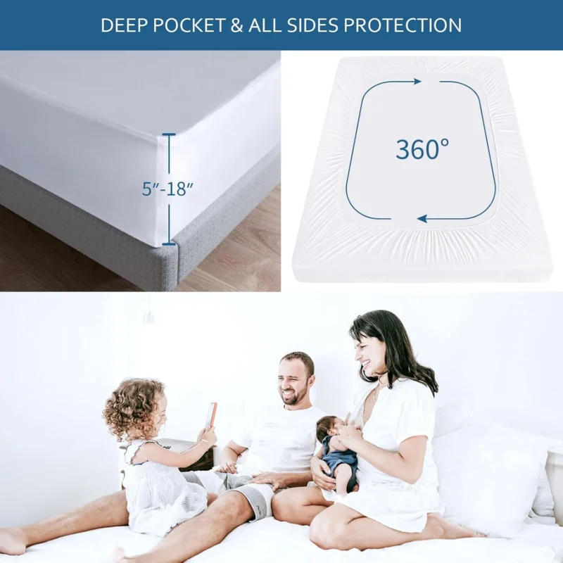 Waterproof Mattress Protector with 18" Deep Pocket Bed Bug Proof and Waterproof Fitted Sheets Machine Washable White - Image 2