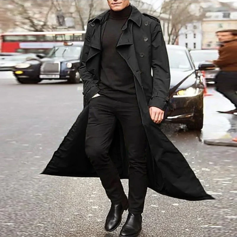 Fashion Streetwear Men's Overcoat Solid Color Casual Long Trench Coat British Lapel Double Breasted Windbreaker Spring Autumn