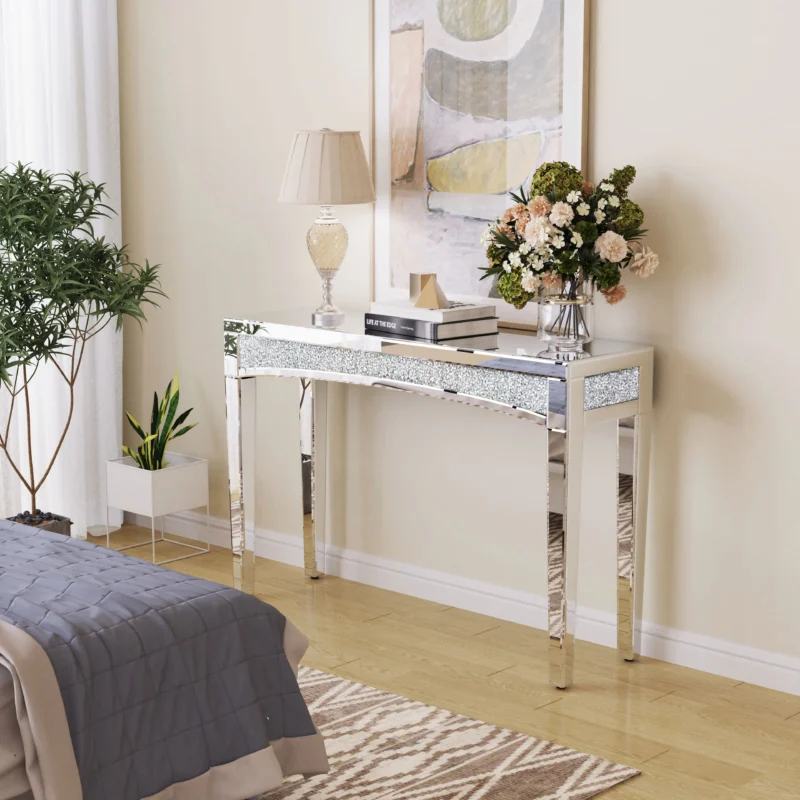 47.2" Mirrored Desk Silver Console Table Mirror Sofa Table with Crystal Inlay Front for Living Room, Entryway, Foyer - Image 3