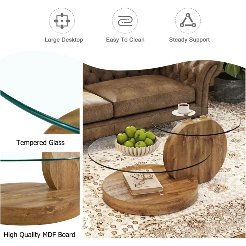 42 Inches Glass Coffee Table, Modern Round Tempered Glass Coffee Tables for Living Room, 3-Tier Circle Wood Coffee Table with St - Image 5
