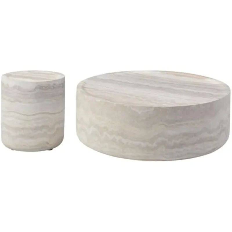 Coffee Table Set of 2, Faux Marble Side Table Round Tea Table Faux Travertine Textured for Living Room, Office, Apartment, - Image 6