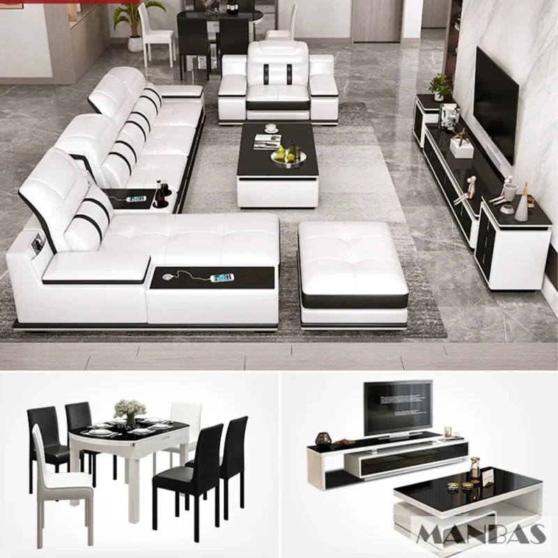 Modern Genuine Leather Sofa Living Room By MANBAS - Stylish Italian Couch with Bluetooth Speaker, USB & Adjustable Headrests - Image 4