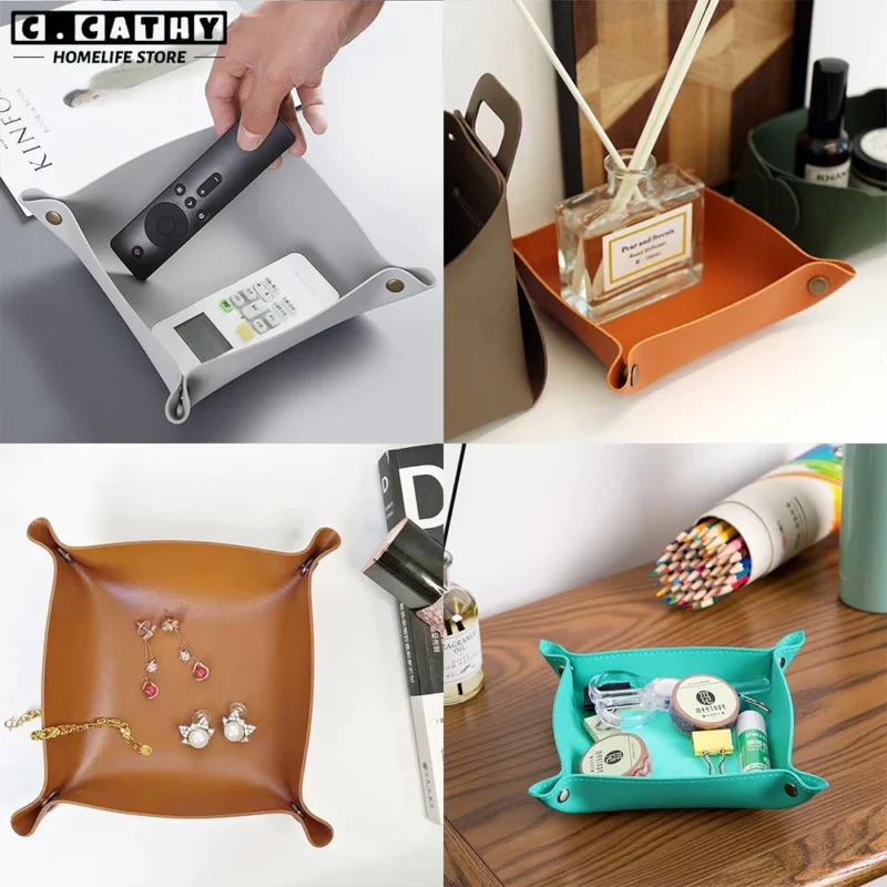 Leather Tray Foldable Table Catchall Storage Box Jewelry Key Coin Desk Top Organizer Entryway Nightstand Home Office Decoration - Image 6