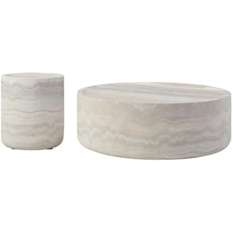 Coffee Table Set of 2, Faux Marble Side Table Round Tea Table Faux Travertine Textured for Living Room, Office, Apartment, - Image 5