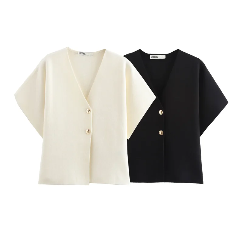 2024 New Autum Women's European and American Style Fashionable Flat-Needle Short-Sleeved V-Neck Knitted Jacket Street Style Top - Image 3
