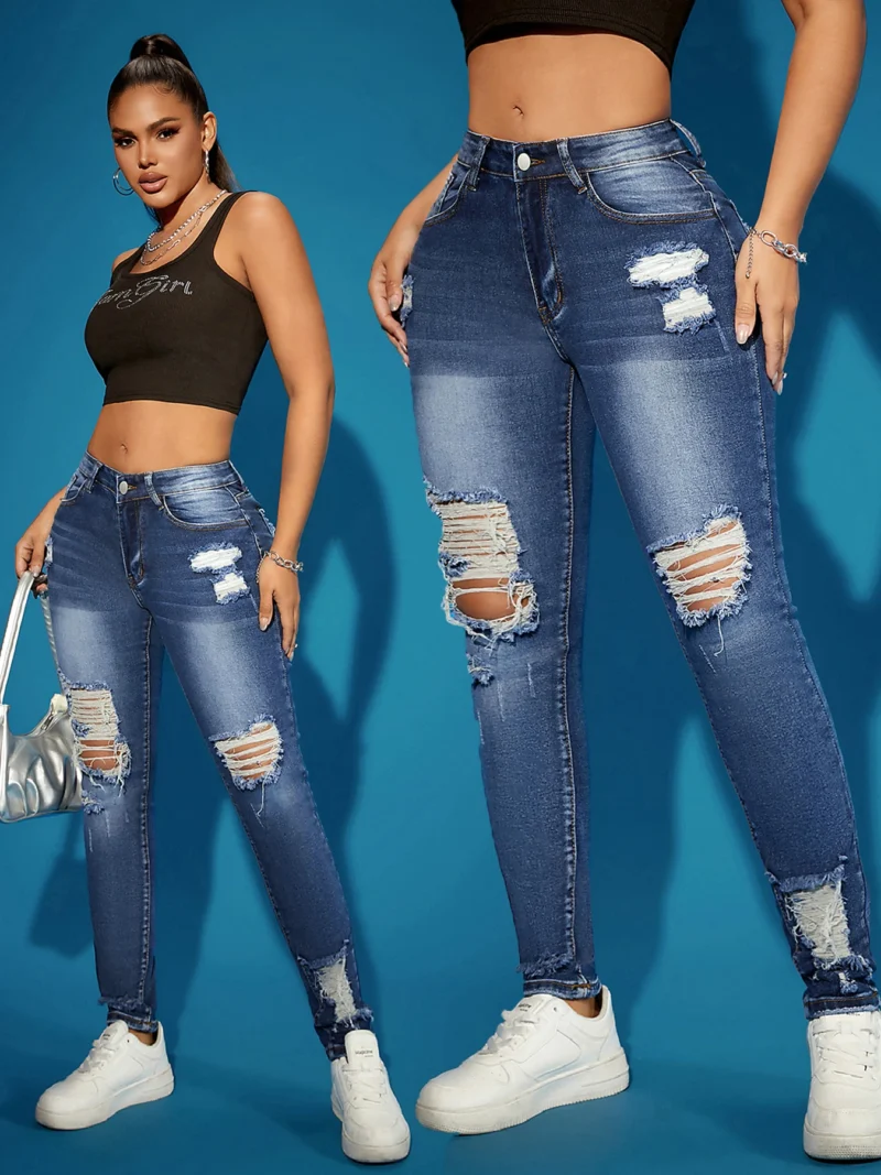 Women's Ripped Super Stretch Skinny Jeans High Waist Tummy Control Black Destroyed Vintage Nightclub Trendy Hot Selling - Image 4