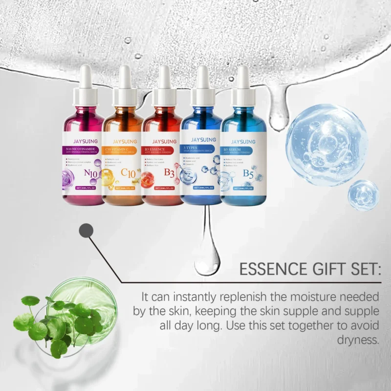 Facial Serum Skin Care Sets 5PCS Hyaluron Acid Vitamain C Niacinamide Fade Wrinkle Shrink Pores Moisturizing Brighten B5 Essence - Image 4
