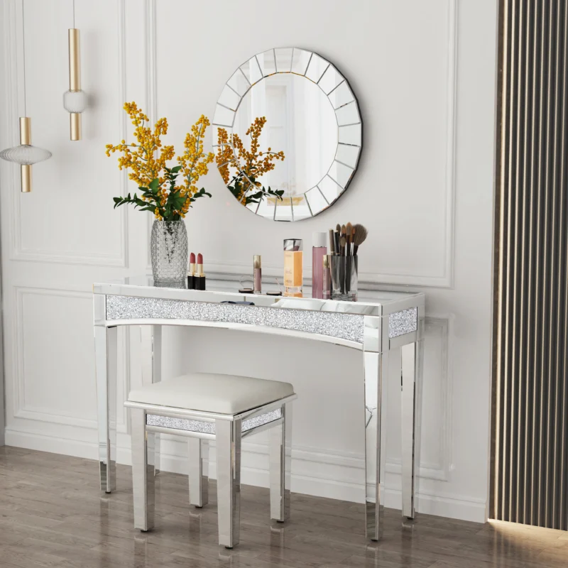 47.2" Mirrored Desk Silver Console Table Mirror Sofa Table with Crystal Inlay Front for Living Room, Entryway, Foyer - Image 2