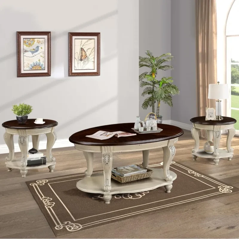 Solid Wood Coffee Table Set for Living Room, Coffee Table & 2 End Side Table 3-Piece Set with Open Storage for Office Apartment
