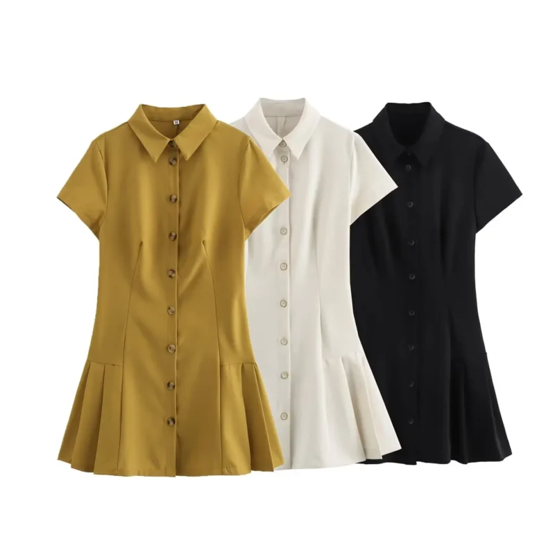 2024 ZAR4 Summer New Women's Fashion Style Solid Color Casual Single breasted Flip Collar Shirt Dress - Image 2