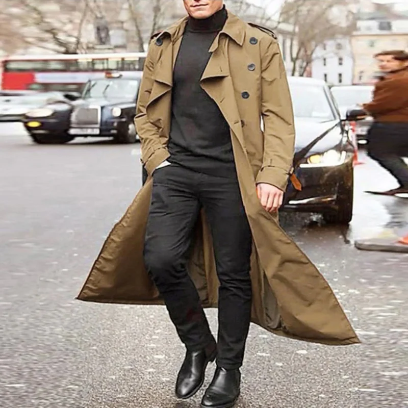 Fashion Streetwear Men's Overcoat Solid Color Casual Long Trench Coat British Lapel Double Breasted Windbreaker Spring Autumn - Image 5