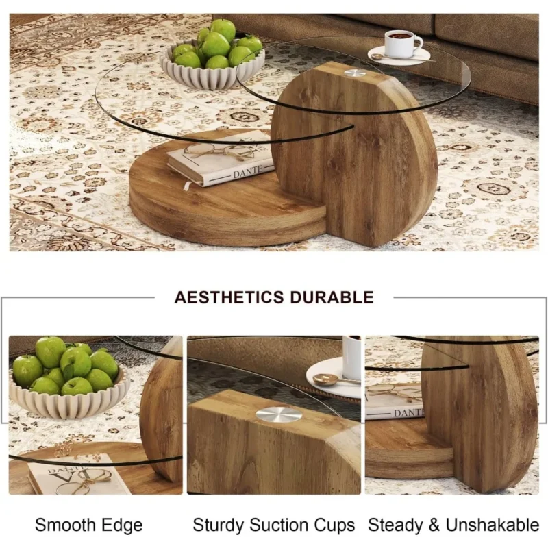 42 Inches Glass Coffee Table, Modern Round Tempered Glass Coffee Tables for Living Room, 3-Tier Circle Wood Coffee Table with St - Image 3